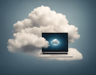 Cloud computing concept with a computer emerging from clouds