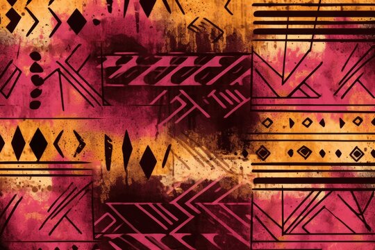 Burgundy, rose, and mustard seamless African pattern, tribal motifs grunge texture on textile