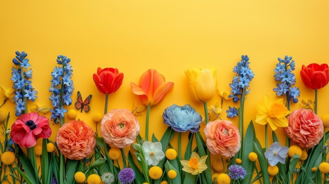 A vibrant collection of different flowers placed closely together, showcasing a multitude of colors and textures.