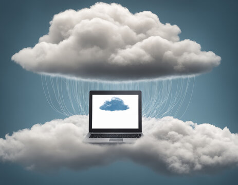 Cloud computing concept with a computer emerging from clouds