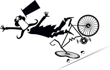 Cartoon man in the top hat falling down from the bicycle. Cartoon long mustache gentleman in the top hat falling down from the bicycle. Black and white illustration