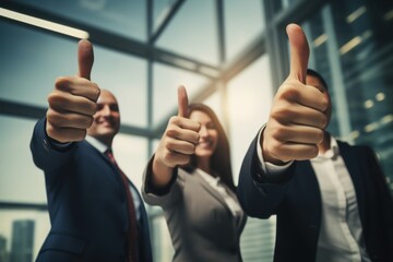 Professional agreement: men in an office displaying clenched fists with thumbs up, a sign of success.