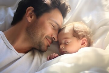 Capturing the essence of parenting, a close-up portrays the affectionate bond between father and toddler.