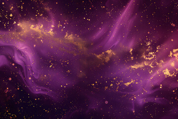 Purple liquid with tints of golden glitters, Purple background with a scattering of gold sparkles, Magic Galaxy of golden dust particles in red fluid with burgundy tints - obrazy, fototapety, plakaty