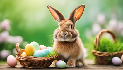 Fototapeta na wymiar Easter bunny and Easter eggs in the basket