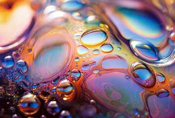 Abstract macro photography revealing vivid oil bubbles on a water surface.