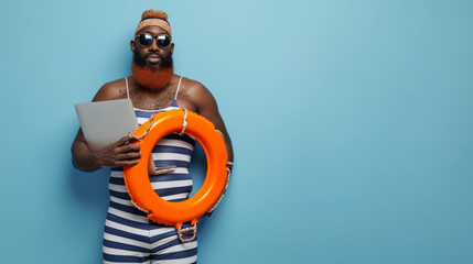 joyful man with red-dyed hair and a full beard, wearing round sunglasses, a striped tank top, holding a laptop in one hand, and an orange lifebuoy