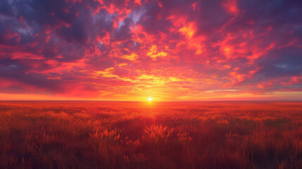An incredible view of a blazing sunset over a wide-open plain, with the sky painted in shades of orange, pink, and purple.
