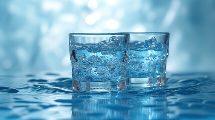 Agua tónica, con gas, mineralizada, reparadora, refrescante, saludable, beneficiosa, burbujas con clase, mojada, estilo de vida, fondo azul claro desteñido, brillante, lujo, bebida pura, tónica, serum