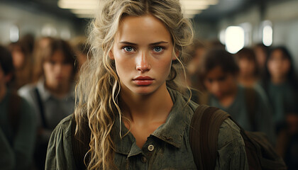 Fototapeta premium Young women looking at camera, confident and fashionable in city generated by AI