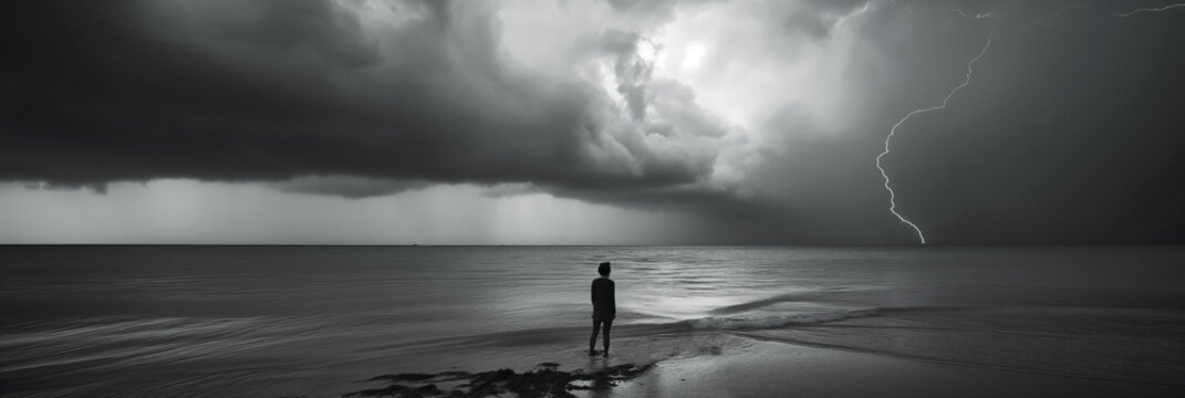 Monochrome image of a person watching a lightning storm over the sea