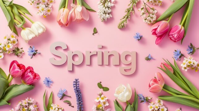 pink background adorned with vibrant flowers and the text Spring. - Powered by Adobe