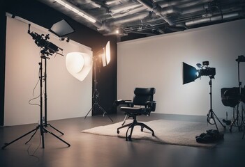 Fototapeta na wymiar Interior of modern photo studio with chair and professional equipment
