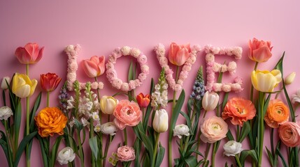 word love spelled out of colorful flowers on a vibrant pink background.