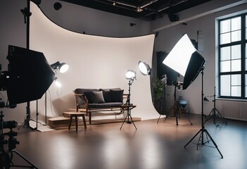 Interior of modern photo studio with chair and professional equipment