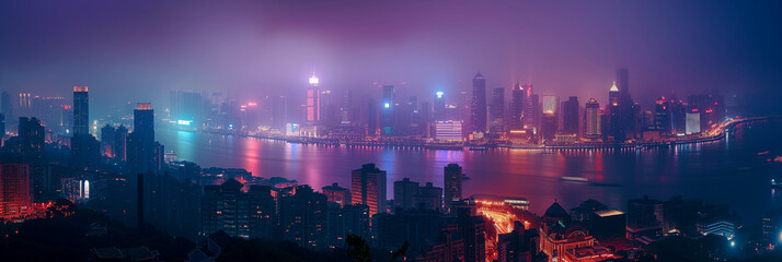 Panoramic cityscape at night with illuminated skyline and river