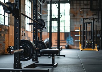 An empty gym fitness studio with weights, benches, and squat racks, providing the perfect space for a focused and versatile workout routine