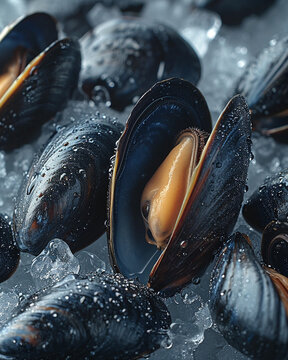 Naklejki Large mussels, close-up, ice cubes, creative composition, dark colors, Michelin style, raw authenticity, unusual background.