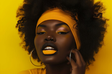 Black teen model on a yellow background. Diverse and cultural. Teenager showcasing diversity with ethnic charm in a vibrant and contemporary photoshoot.