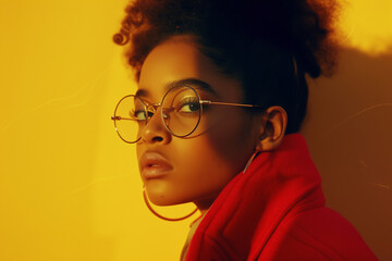 Black teen model on a yellow background. Diverse and cultural. Teenager showcasing diversity with ethnic charm in a vibrant and contemporary photoshoot.