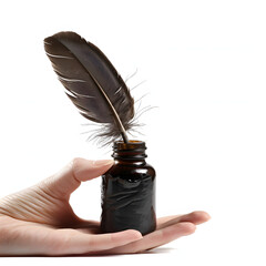 Hand holding a feather quill and ink pot isolated on white background, hyperrealism, png
