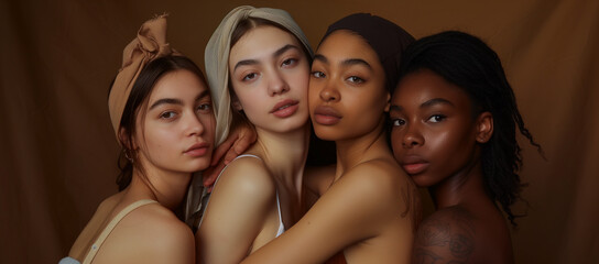 Four women of different ethnicities posing on a brown background. Diverse women showcase unity on a brown backdrop, symbolizing cultural harmony and ethnic diversity.