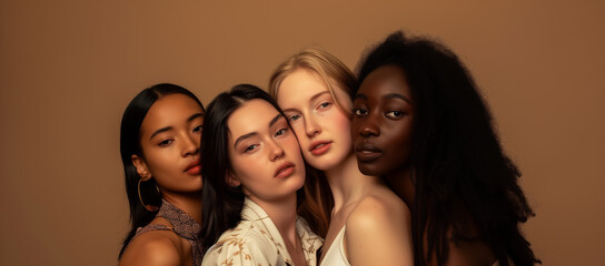 Four women of different ethnicities posing on a brown background. Diverse women showcase unity on a brown backdrop, symbolizing cultural harmony and ethnic diversity.