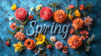 Spring Concept with Colorful  Flowers and Typography on Blue Background