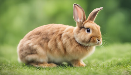 Fototapeta premium Brown cute rabbit sitting on grass with green nature background.
