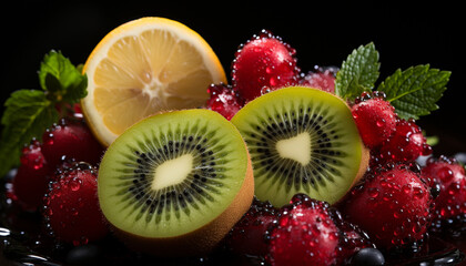 Freshness and nature in a slice of gourmet strawberry dessert generated by AI