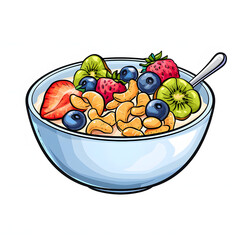 Bowl of cereal with milk and fruit isolated on white background, doodle style, png
