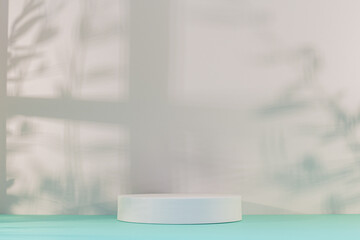 Panorama de fond d'un mur blanc et vert pastel avec un podium vide pour création d'arrière plan. Jeu d'ombre et de lumière du soleil à travers une fenêtre avec des branches d'oliviers.