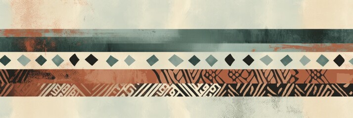 Celadon, sienna, and plum seamless African pattern, tribal motifs grunge texture on textile background