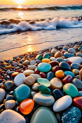 Obraz premium Close-up shot of multicolored sea polished stones, rolled pebbles on the seashore texture gems, ocean in the background, sunset - Beauty in nature