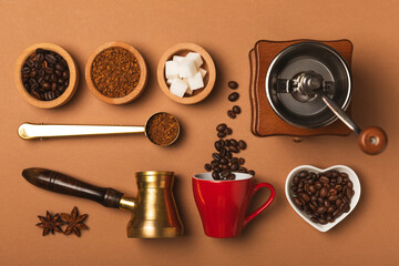Ingredients for making coffee. Moka pot, Turkish coffee pots (cezve), coffee grinder with coffee...