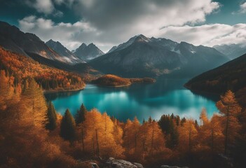 Mysterious mountain lake with turquoise water in the autumn day Zen lake Beautiful reflection of mou