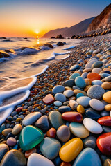 Obraz premium Close-up shot of multicolored sea polished stones, rolled pebbles on the seashore texture gems, ocean in the background, sunset - Beauty in nature