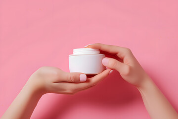 Round jar of cosmetic white cream in female hand isolated on flat pink background with copy space, product design template.
