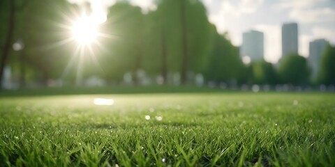 Green lawn with fresh grass with blurry background of a city park with tall buildings in the background on a bright sunny day. - obrazy, fototapety, plakaty