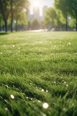 Green lawn with fresh grass with blurry background of a city park with tall buildings in the background on a bright sunny day.