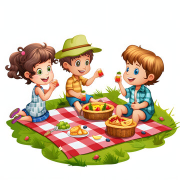 Kids having a picnic isolated on white background, realistic, png
