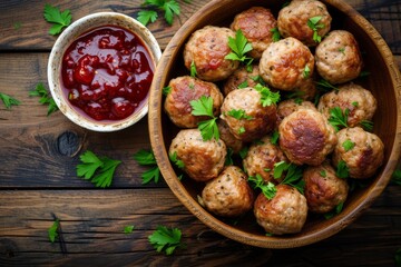 Meatballs garnished with parsley, accompanied by a side of tangy tomato sauce, on a wooden table