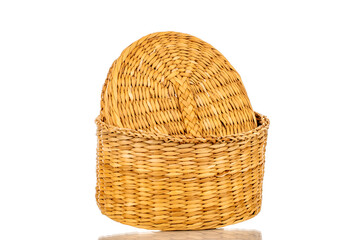 One straw basket, macro, isolated on white background.