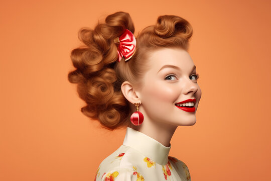 Vintage Delight, Cheerful Woman with Classic Pin-Up Hairstyle and Bow Accessory