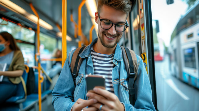 young man with glasses and curly hair is smiling while looking at his smartphone on a public bus, with blurred city lights and other passengers in the background