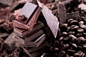 Broken dark chocolate bar and chocolate flakes on black kitchen table