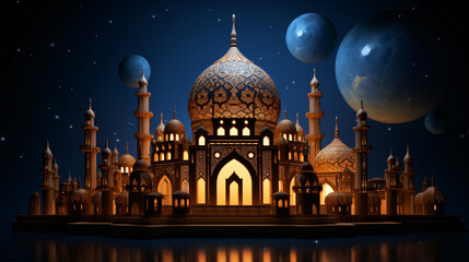 Fototapeta na wymiar 3D illustration of Ramadan Kareem scene with an Islamic mosque lantern adorned with intricate details. Generative AI