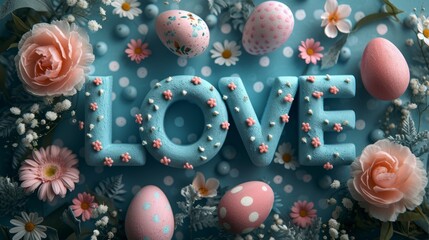 The word love is surrounded by a vibrant assortment of flowers and decorated eggs.
