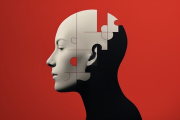 A Mind in Pieces: How mental health and Alzheimer’s erode our sense of self. The missing puzzle piece from the brain shows the loss of memory and personality. The red and grey colors convey isolation 