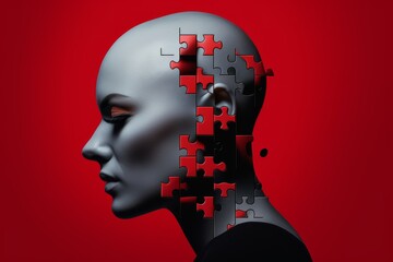 A Mind in Pieces: How mental health and Alzheimer’s erode our sense of self. The missing puzzle piece from the brain shows the loss of memory and personality. The red and grey colors convey isolation 